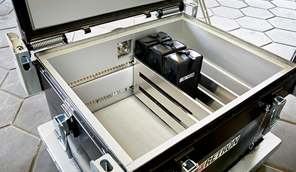 Foto einer aufgeklappten RETRON-Box mit ein paar darin enthaltenen Akkus