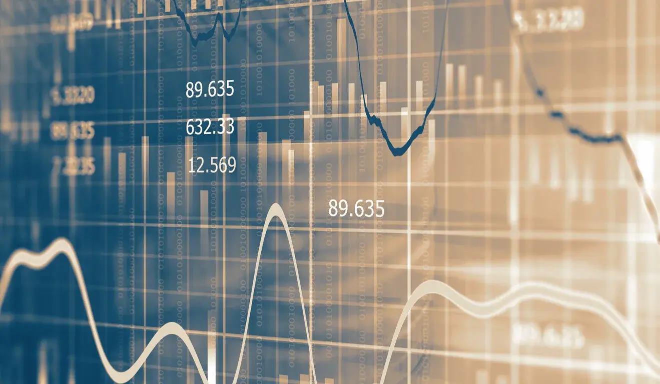 Monitor zeigt Finanzdaten in Sinuskurven und Zahlen