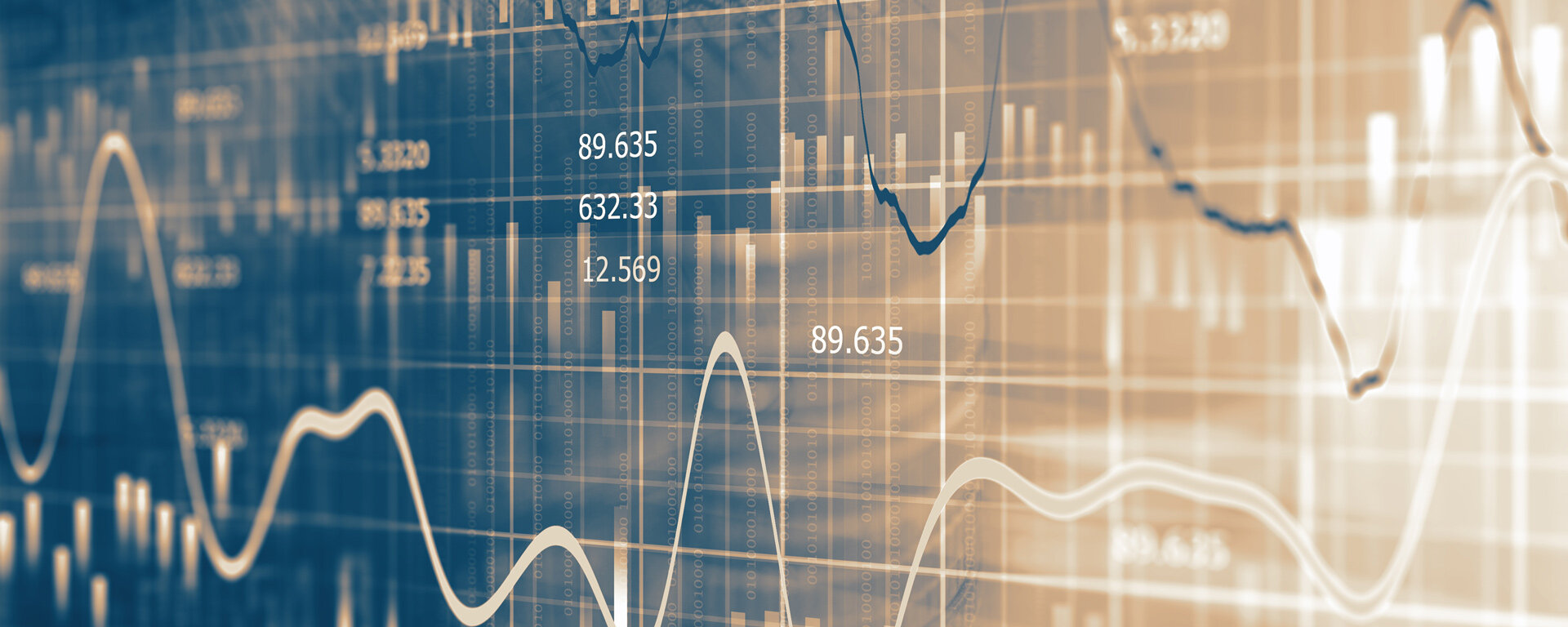 Monitor zeigt Finanzdaten in Sinuskurven und Zahlen